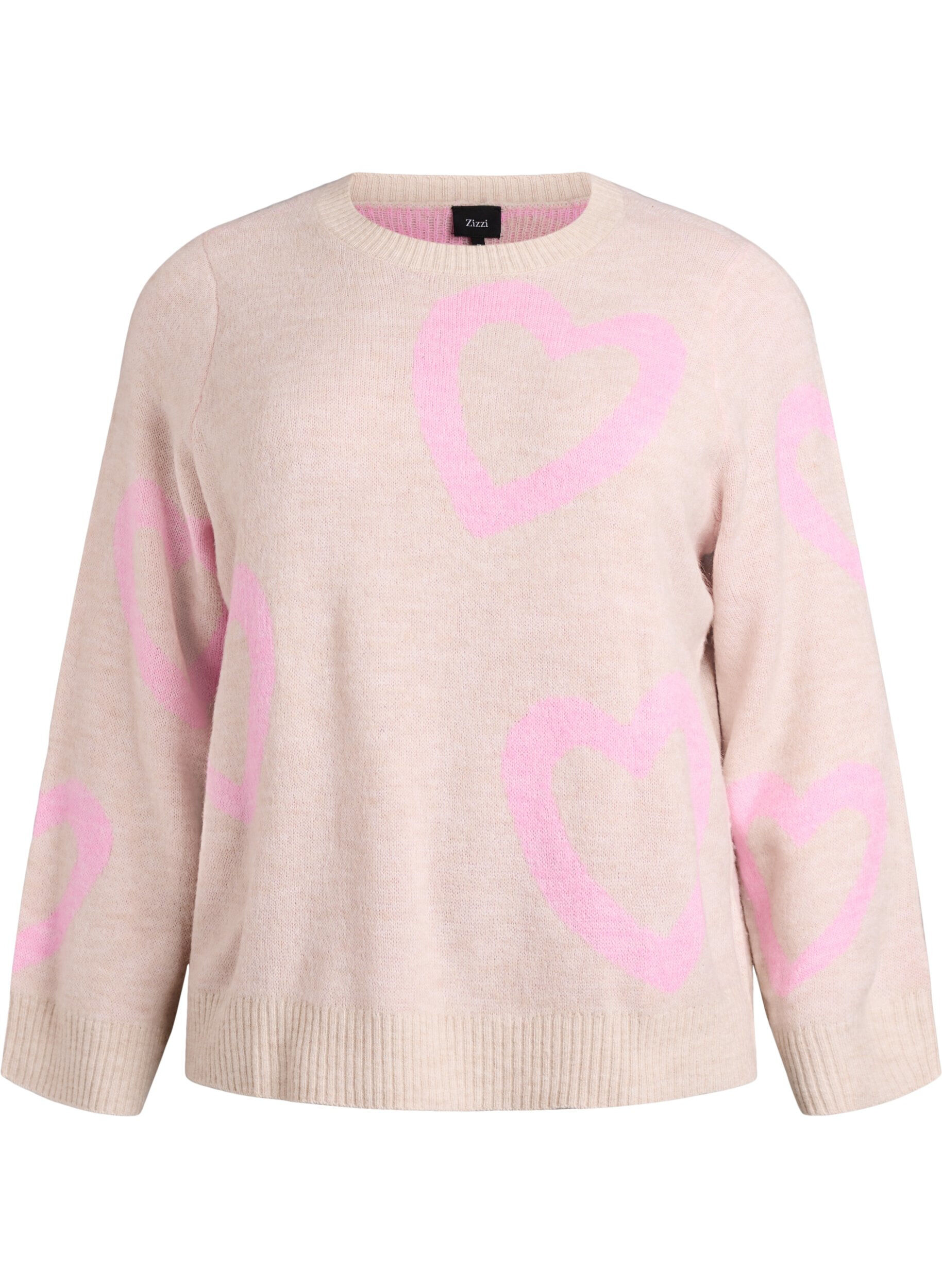 Strikbluse med store hjerter og rund hals