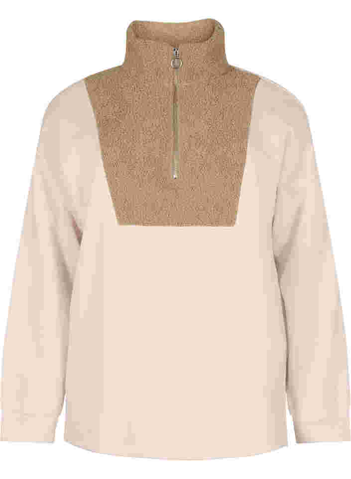 Højhalset sweatshirt med teddy og lynlås, Brown Comb, Packshot image number 0