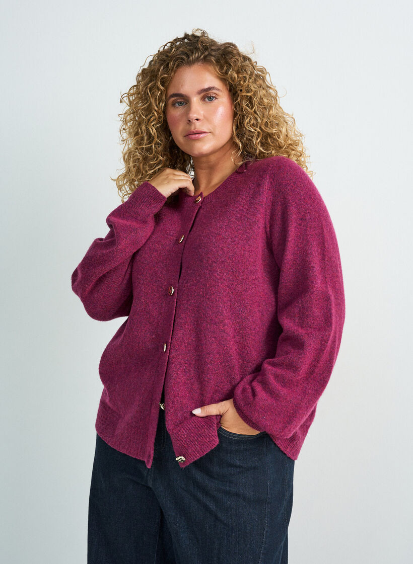 Cardigan i bl&oslash;d strik med guldfarvede knapper, Lyser&oslash;d, Model image number 0
