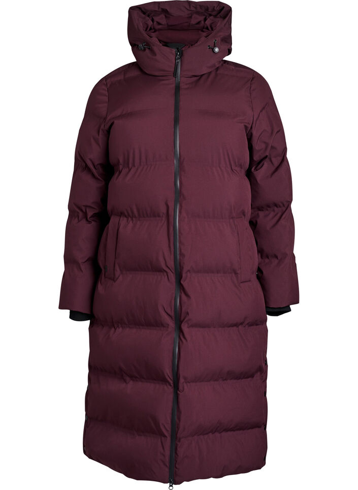 Lang puffer vinterjakke med hætte, Mørk Bordeaux, Packshot image number 0