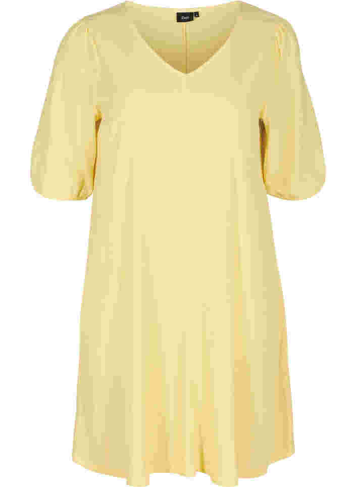 Kjole med pufærmer og v-hals, Mellow Yellow, Packshot image number 0