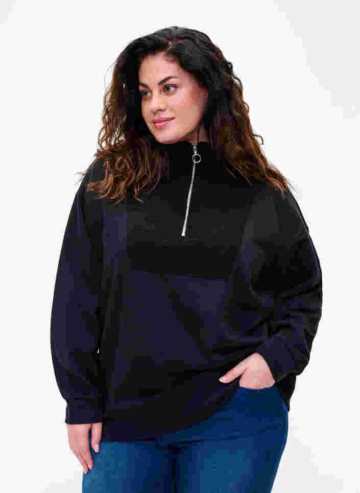 Højhalset sweatshirt med teddy og lynlås, Black, Model image number 0
