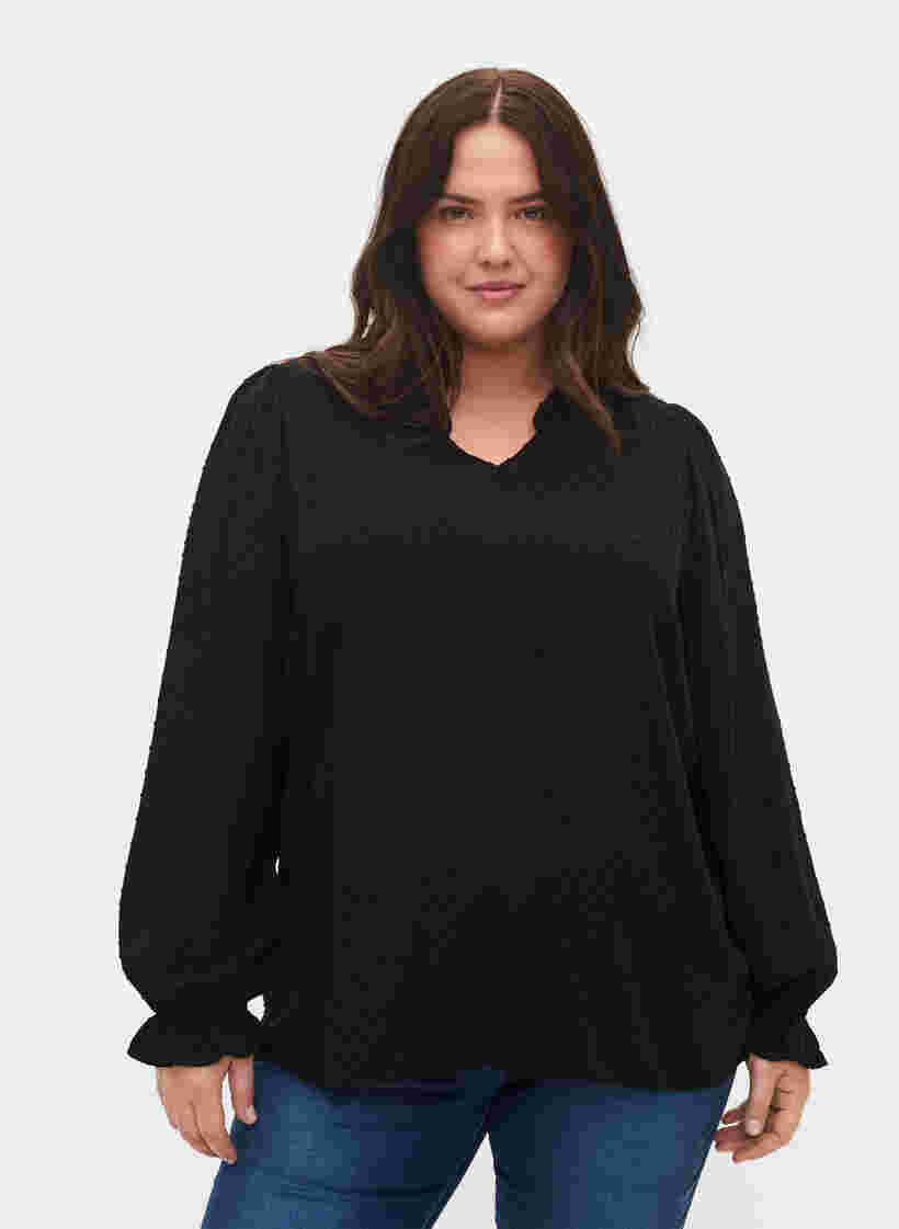 Langærmet bluse med smock- og flæsedetaljer, Black, Model