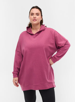 Bomulds sweatshirt med hætte og high-low, Violet Quartz, Model image number 0