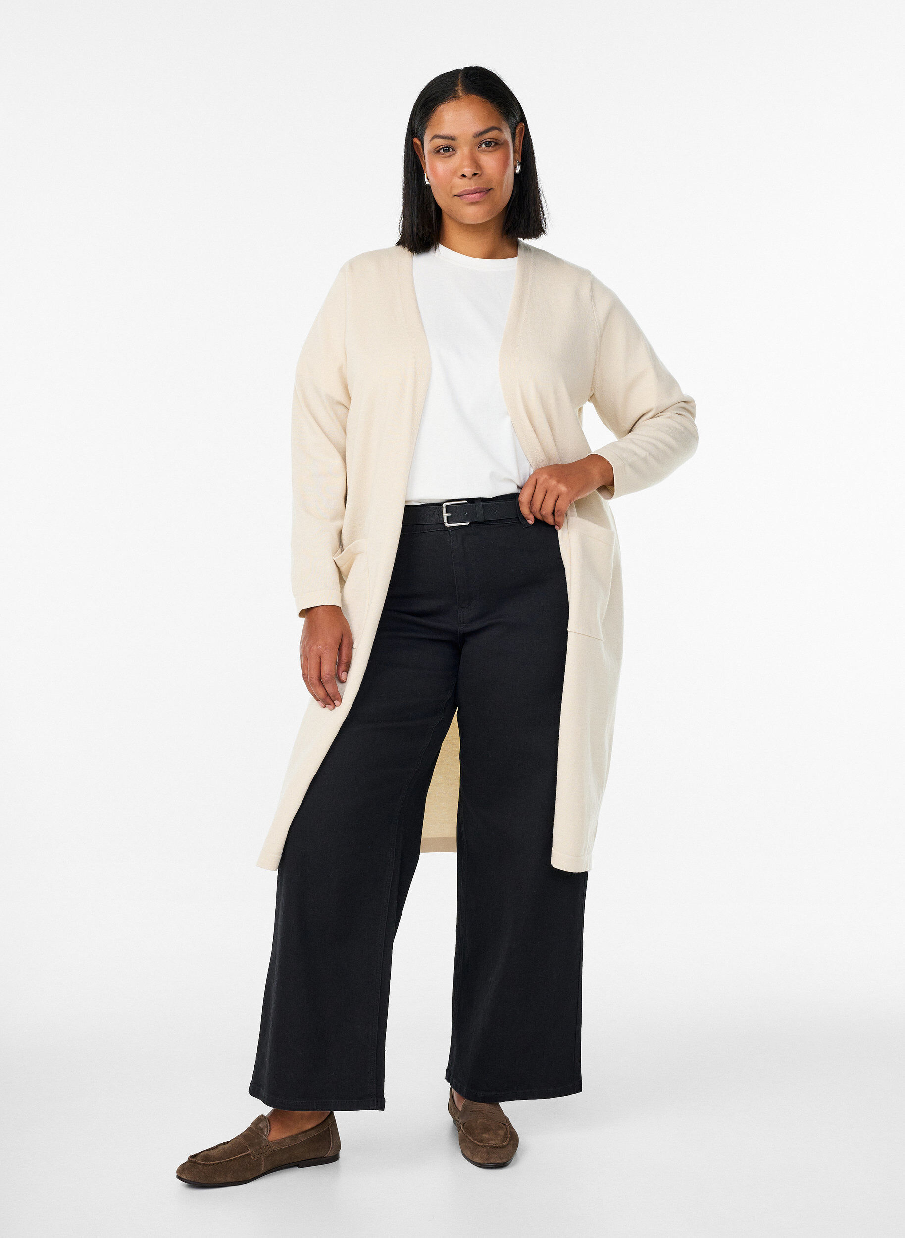 ZizziLang, &aring;ben cardigan med lommer, Beige, Model image number 0