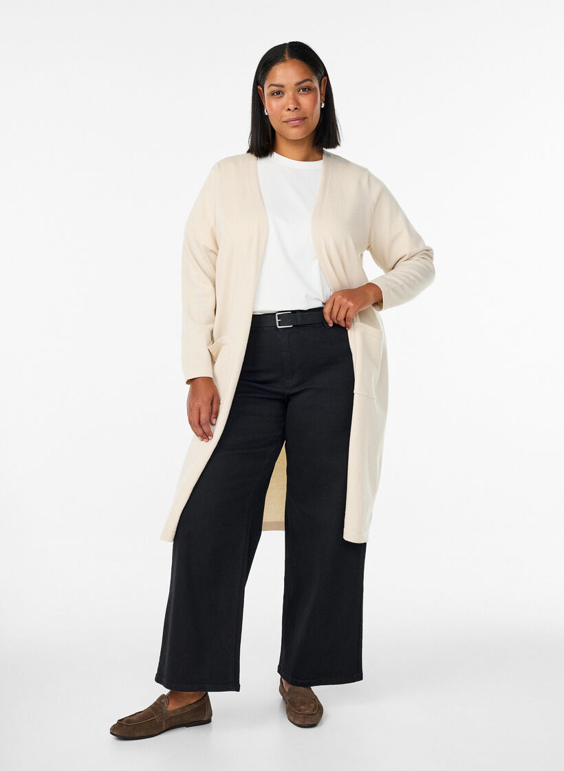 Lang, &aring;ben cardigan med lommer, Beige, Model image number 0