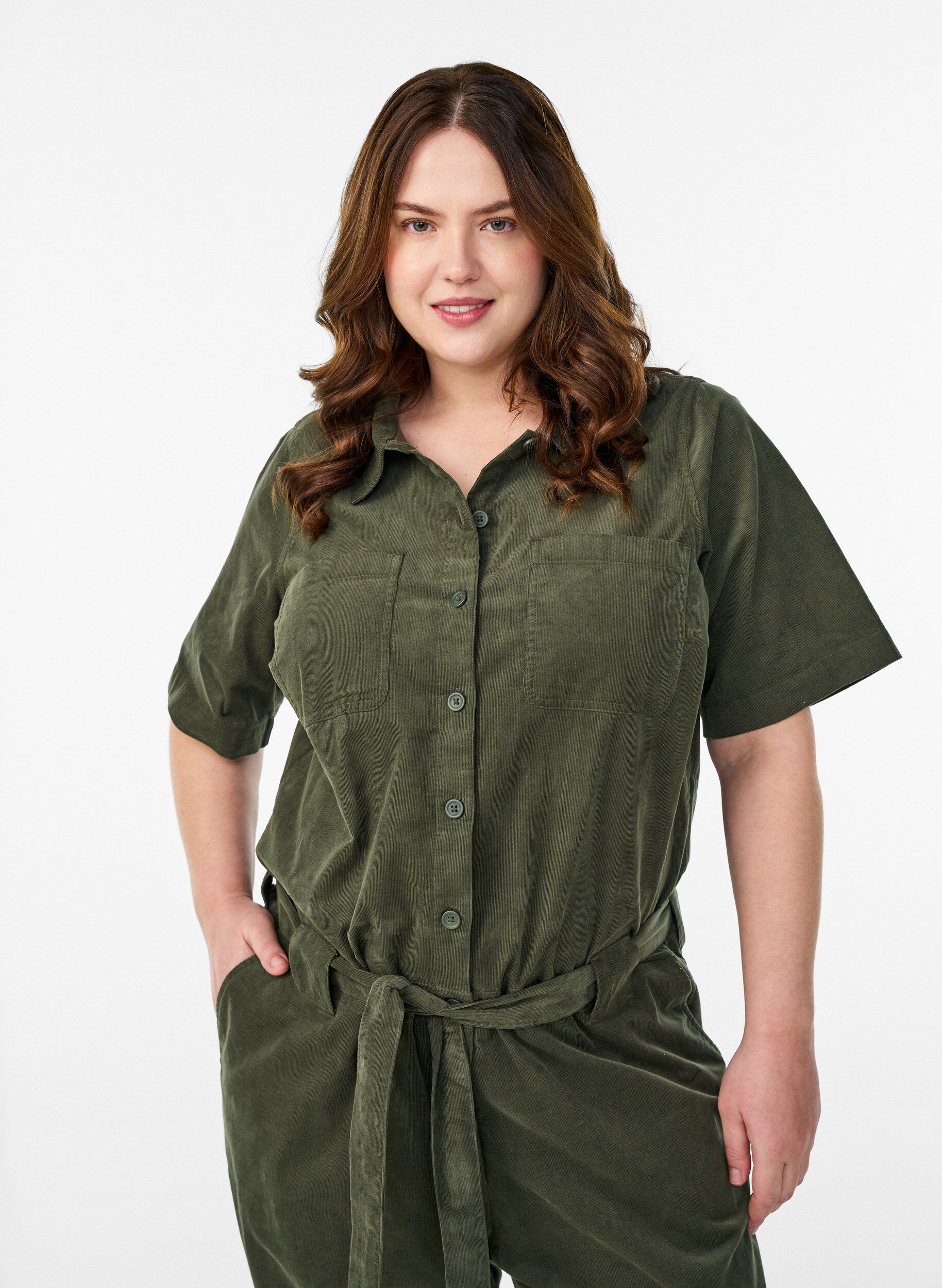 Zizzi Jumpsuit i bomuldsfl&oslash;jl med lige ben, Gr&oslash;n, Model image number 2