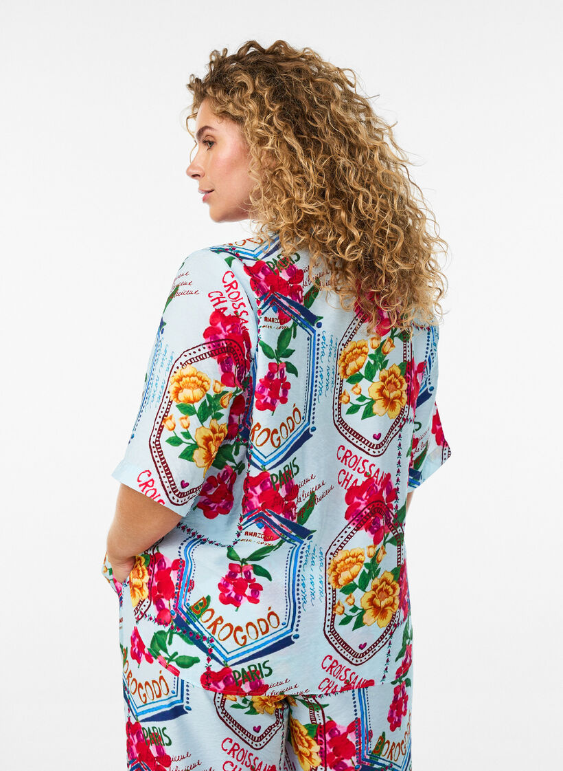Skjortebluse med albuelange &aelig;rmer og farverigt print, Bl&aring;, Model image number 2