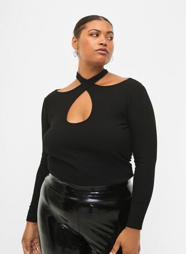 Cut out bluse med lange ærmer, Black, Model image number 0