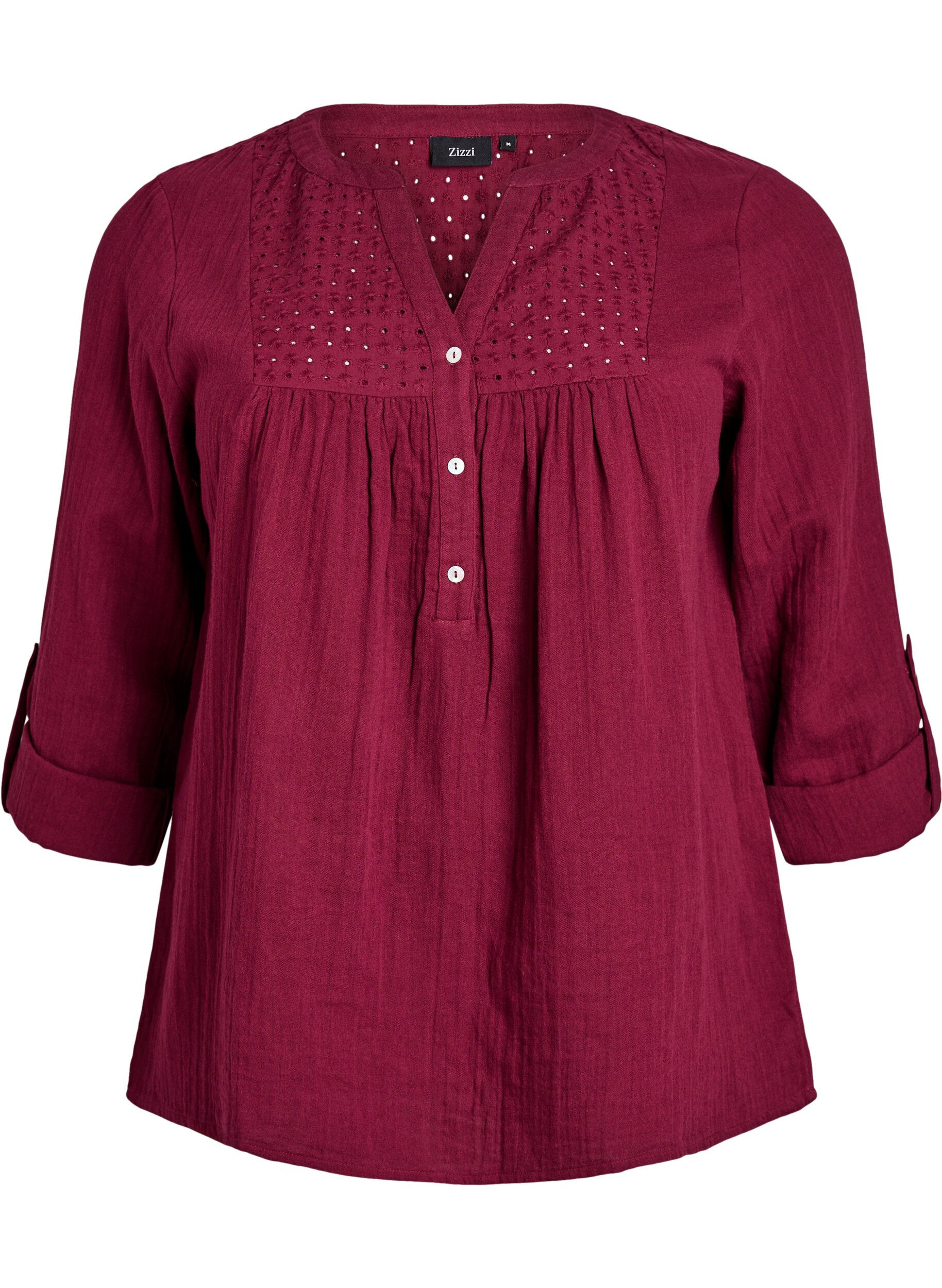 ZizziBluse i bomuldsmusselin med broderi anglaise, M&oslash;rk Bordeaux, Packshot image number 0