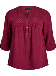 Bluse i bomuldsmusselin med broderi anglaise, M&oslash;rk Bordeaux