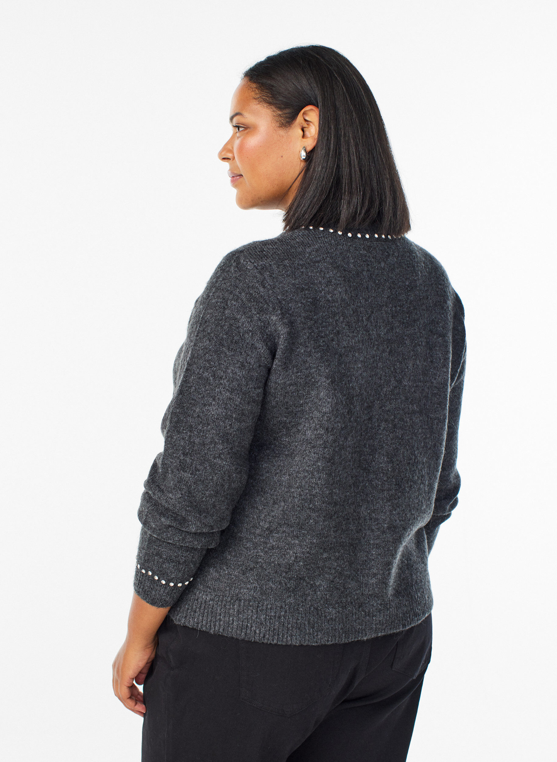 Zizzi Cardigan med rhinsten og dekorative knapper, Gr&aring;, Model image number 2
