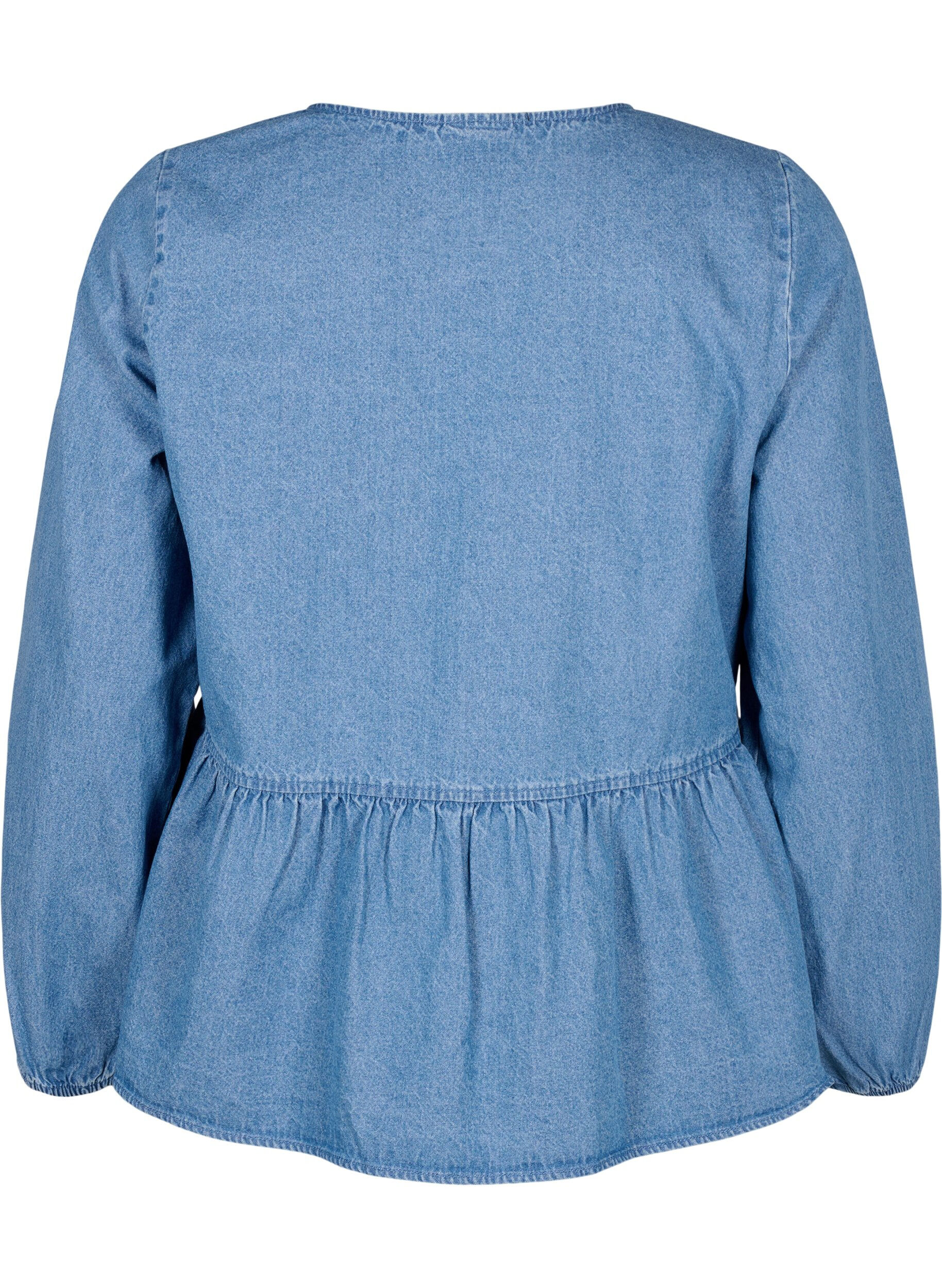 Zizzi Peplum bluse i denim med bindelukning, Light Blue Denim, Packshot image number 1