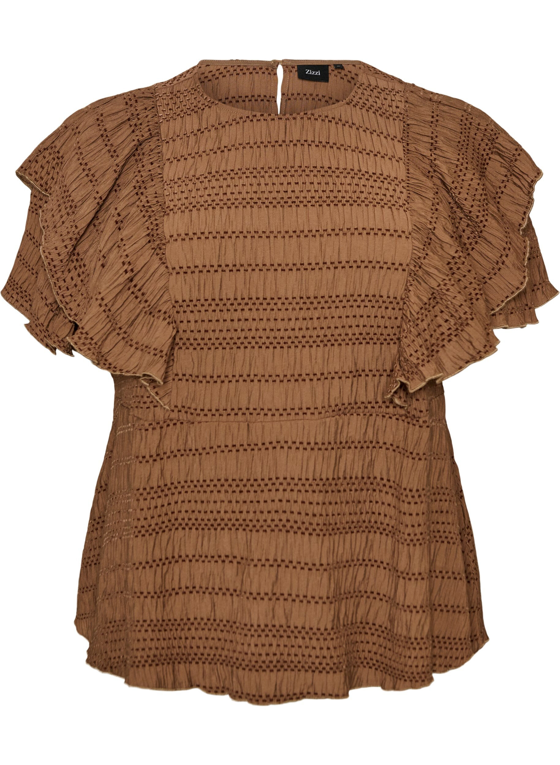 ZizziBluse med smock-struktur og fl&aelig;se&aelig;rmer, Brun, Packshot image number 0