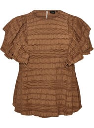 Bluse med smock-struktur og fl&aelig;se&aelig;rmer, Brun