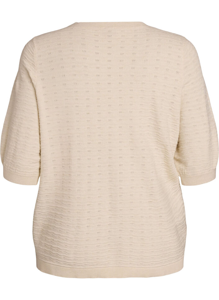 Strikbluse med struktureret m&oslash;nster og korte &aelig;rmer, Beige, Packshot image number 1