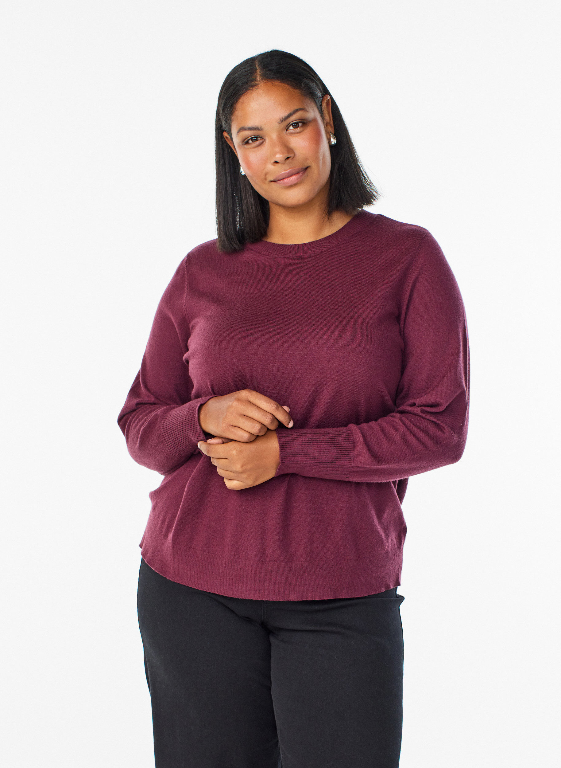 ZizziStrikbluse med rund hals, R&oslash;d, Model image number 0