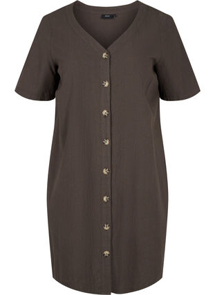 Kortærmet bomulds kjole med knapper, Khaki Green, Packshot image number 0