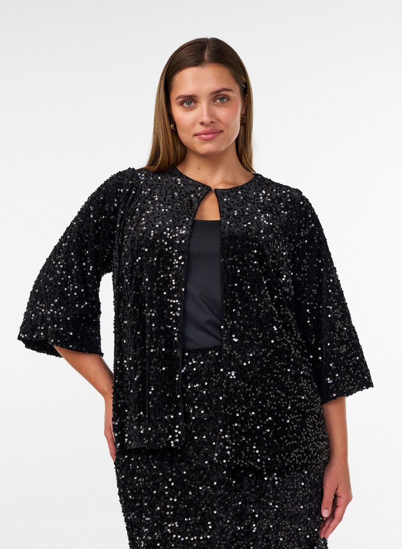 Cardigan med pailletter og 3/4-&aelig;rmer, Sort, Model image number 0
