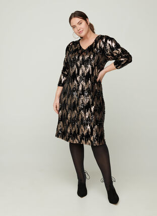 Langærmet velour kjole med pailletter, Black w. Sequins, Model image number 2