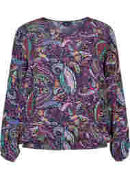 Viskose bluse med smock og paisleyprint, Multi Paisley