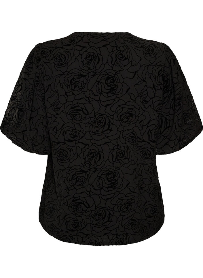 Bluse med blomsterm&oslash;nster og ballon&aelig;rmer, Sort, Packshot image number 1