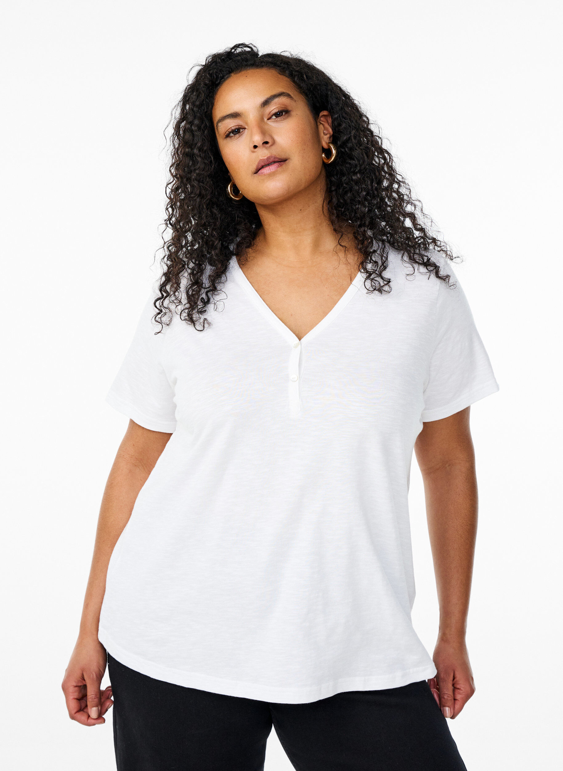 T-shirt med knapdetalje, Hvid, Model
