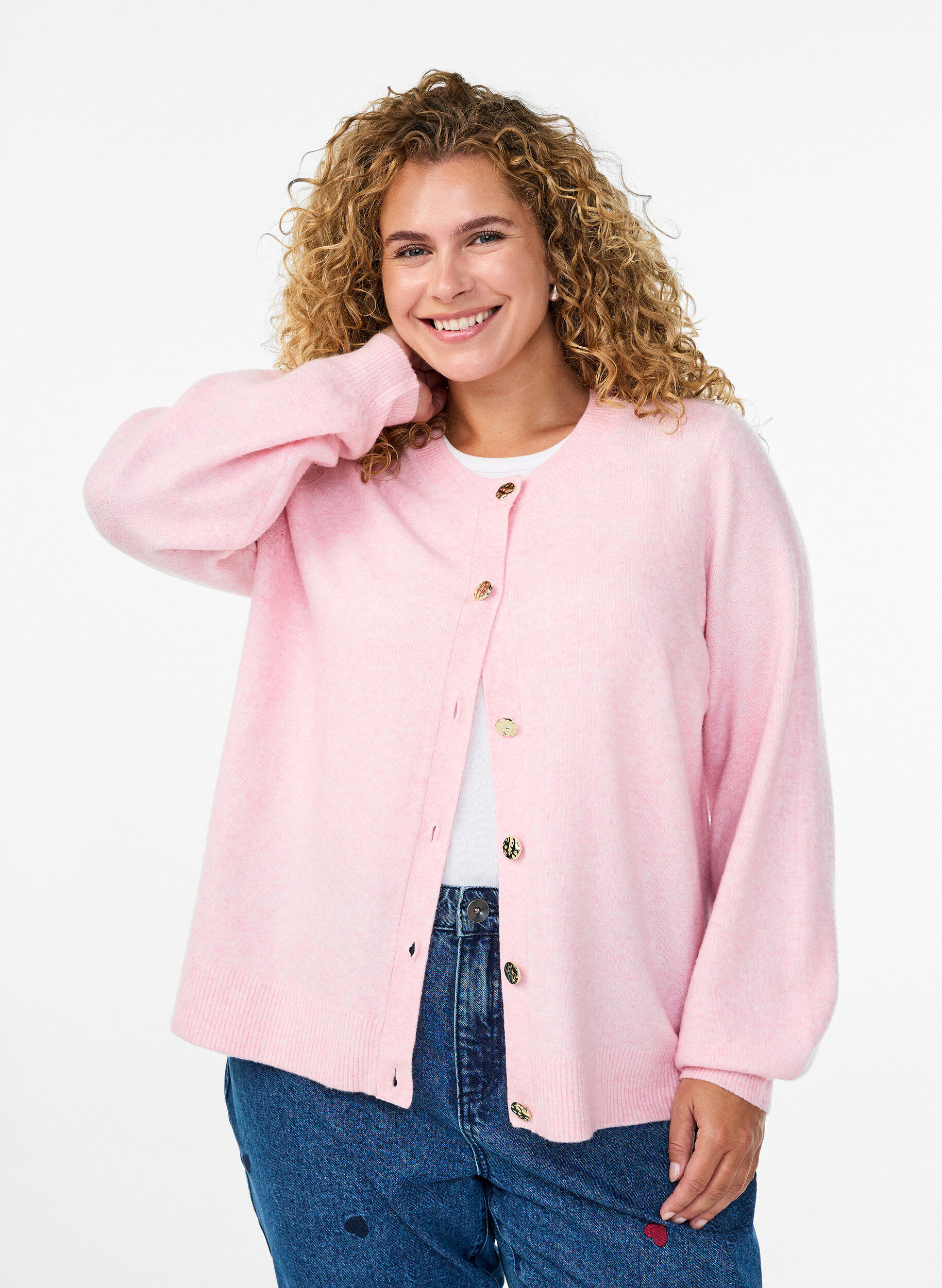 Cardigan i bl&oslash;d strik med guldfarvede knapper, Lyser&oslash;d, Model