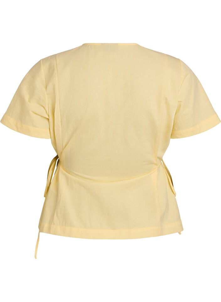 Bluse i bomuldsblanding med V-hals og bindeb&aring;nd, Gul, Packshot image number 1