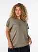 Jerseybluse med strukturstriber og smockkant, Brun, Model image number 0
