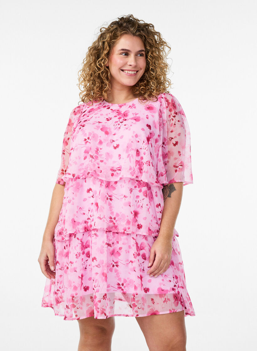 Kort kjole i chiffon-look med blomsterprint og fl&aelig;selag, Lyser&oslash;d, Model image number 0
