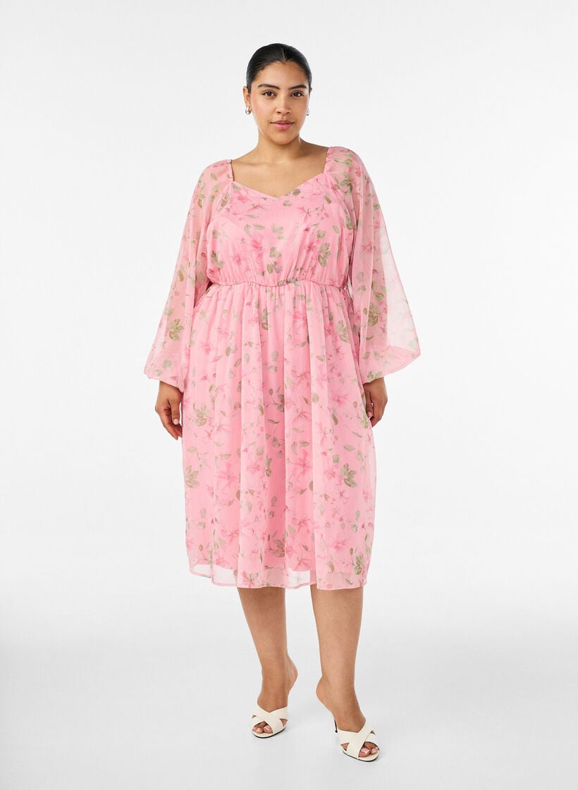 Festkjole i chiffon med lange &aelig;rmer, Lyser&oslash;d, Model image number 0