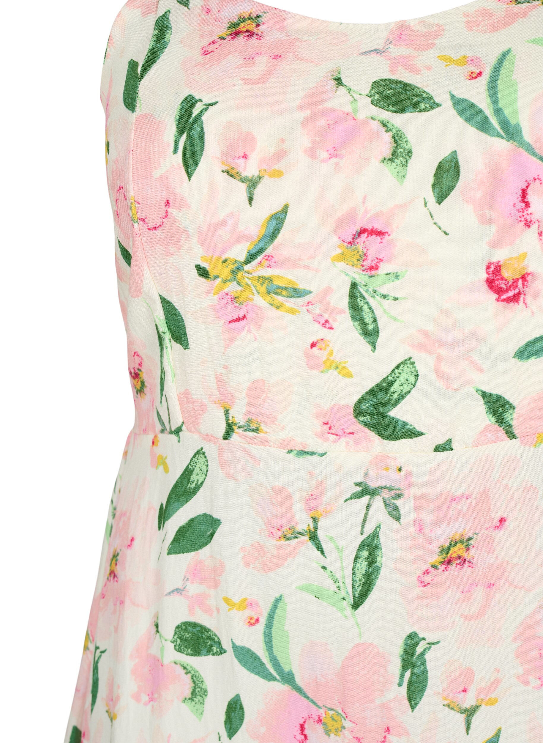 Zizzi Blomstret stropkjole i viskose med smock, Off White Flower, Packshot image number 2