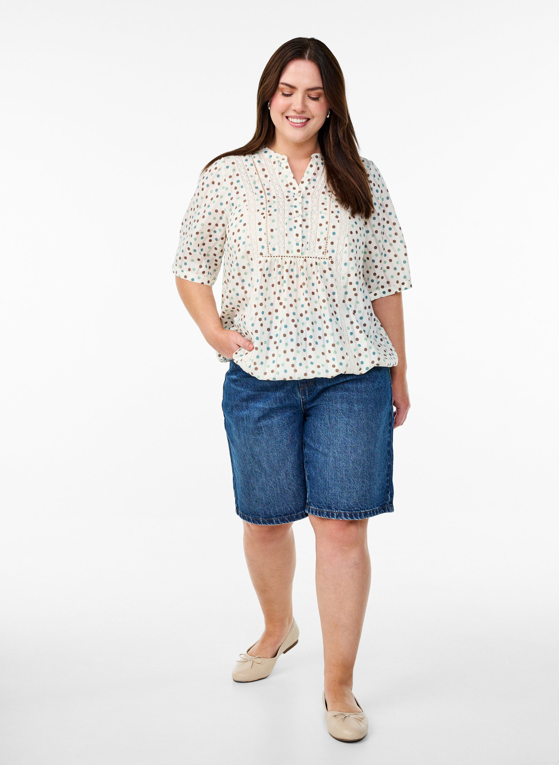 Zizzi Bluse med print og 1/2 &aelig;rmer, Hvid, Model image number 1