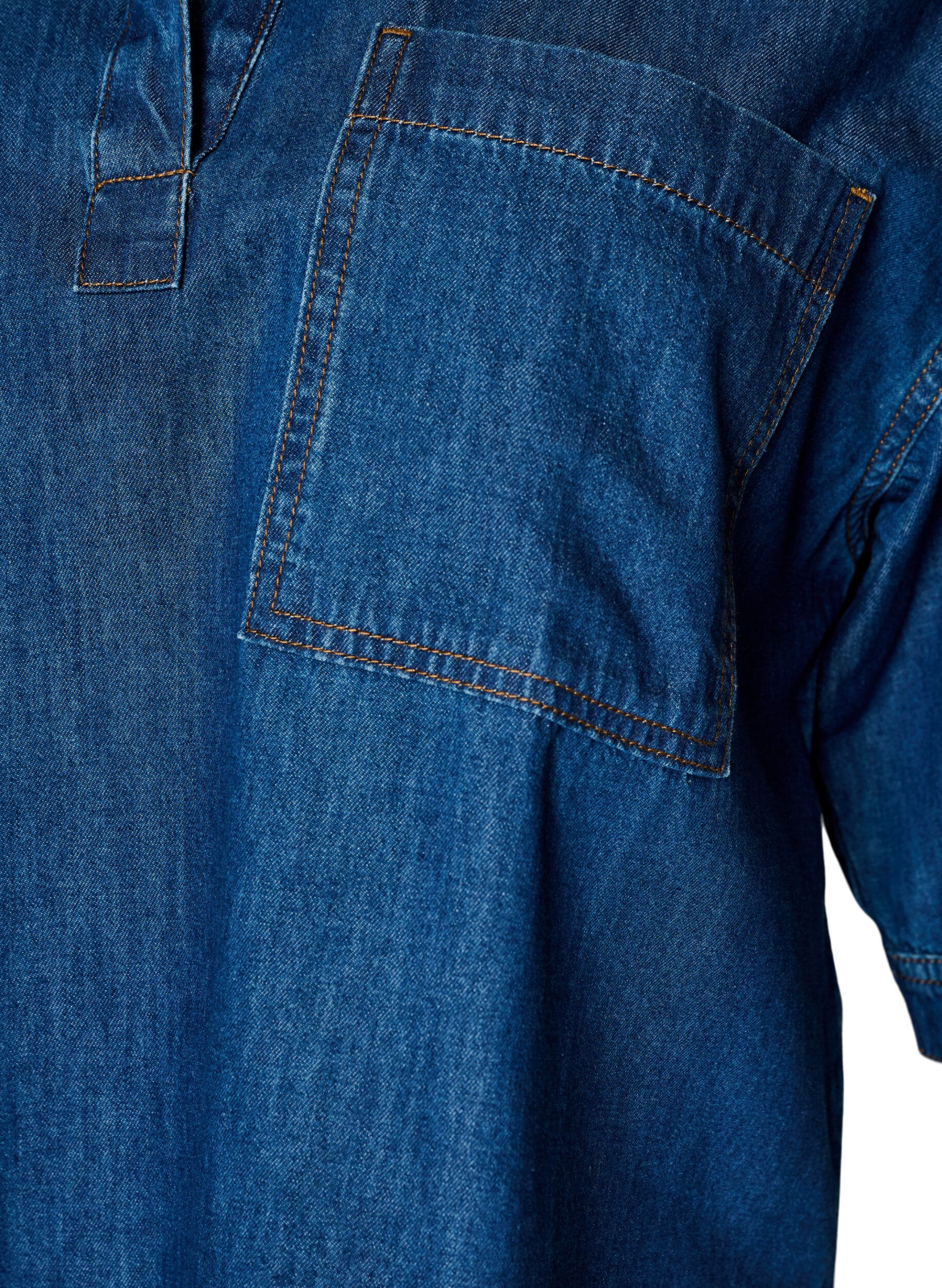 ZizziDenimbluse med brystlomme og albuelange &aelig;rmer, Bl&aring;, Packshot image number 2