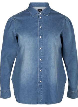 Denimskjorte med pufærmer, Blue denim, Packshot image number 0