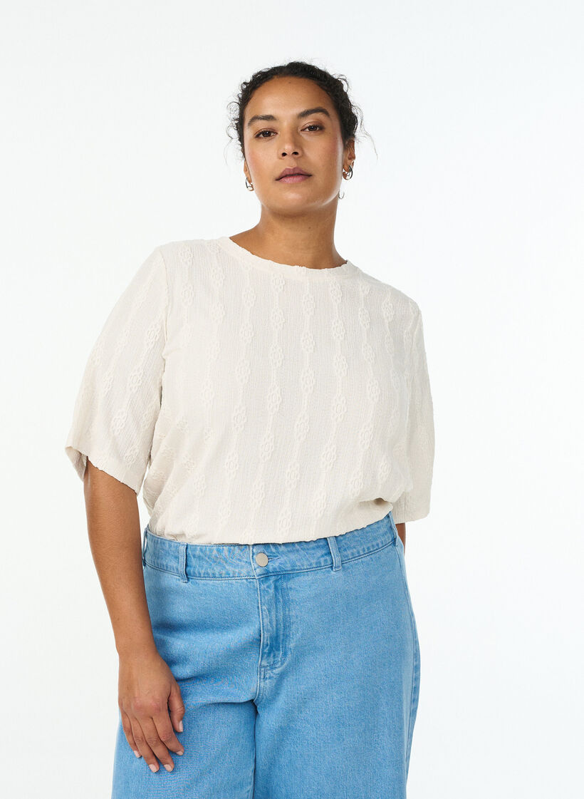 Bluse med strukturmønster og korte ærmer, Beige, Model image number 0
