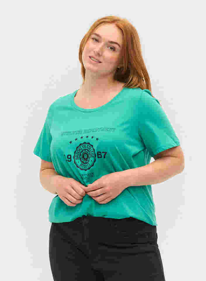 Kortærmet bomulds t-shirt med tryk, Sea Green, Model