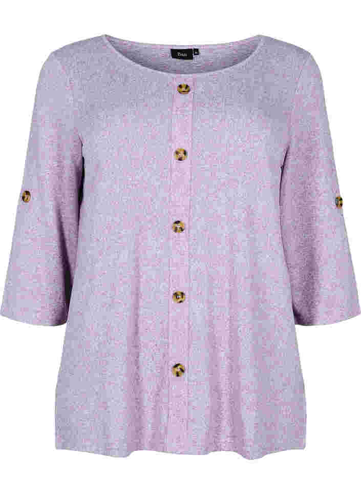 Bluse med knapper og 3/4 ærmer, Royal Lilac Melange, Packshot image number 0