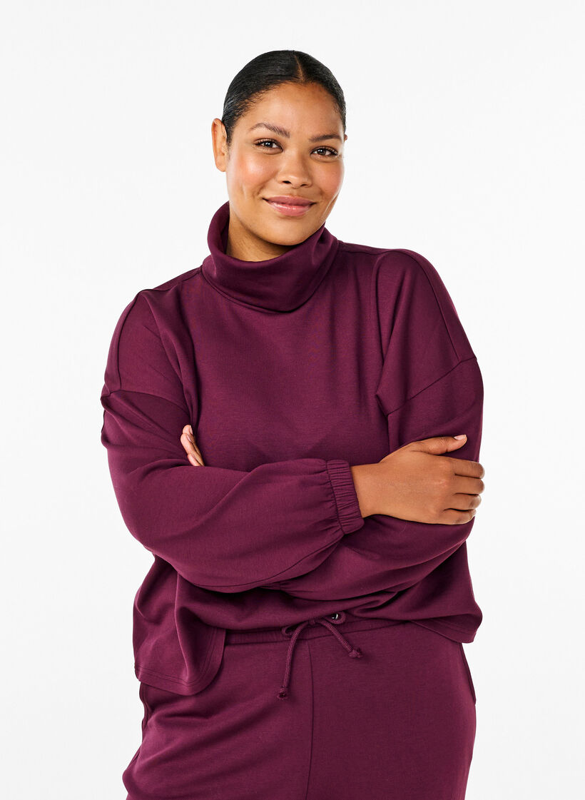 Bluse med turtleneck i modalmix, Mørk Bordeaux, Model image number 0