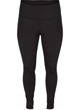 Ensfarvet leggings med lynlås, Black, Packshot image number 0