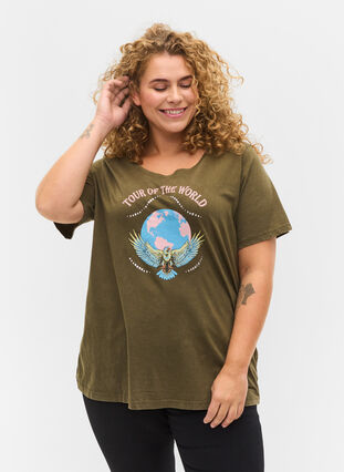 Kortærmet bomulds t-shirt med tryk , Ivy Green Wash, Model image number 0