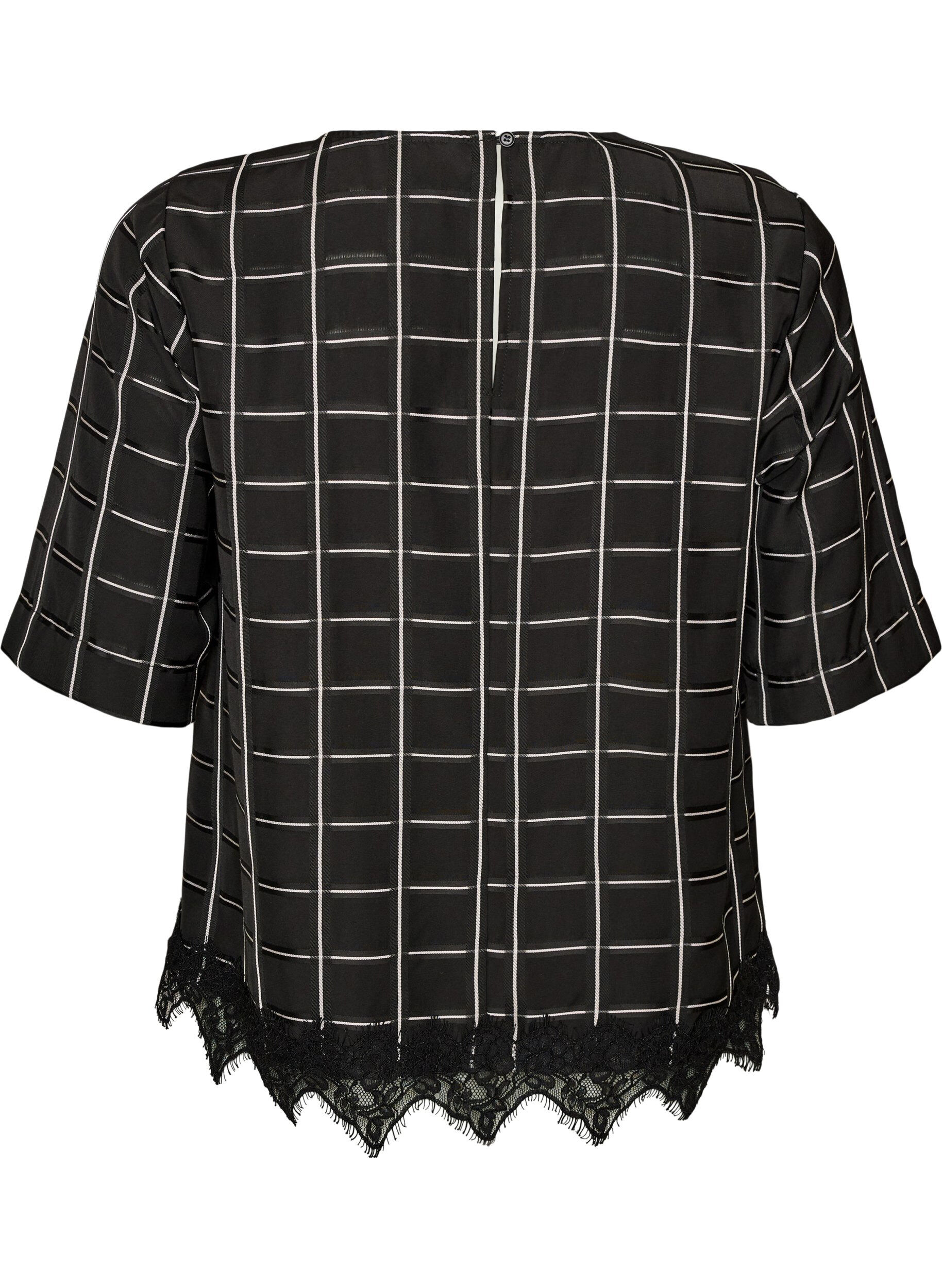 ZizziTernet bluse med blondekant og albuelange &aelig;rmer, Sort, Packshot image number 1