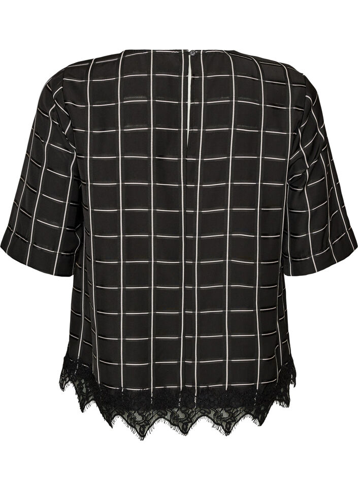 Ternet bluse med blondekant og albuelange &aelig;rmer, Sort, Packshot image number 1