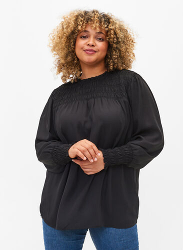 Langærmet bluse med smock , Black, Model image number 0