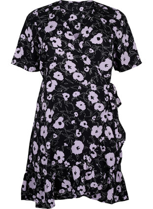 Wrapkjole med prikker og korte ærmer, Black Flower AOP, Packshot image number 0