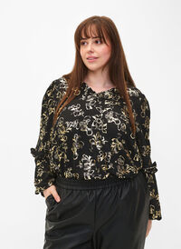 Langærmet bluse med flæser og folieprint, Black Foil AOP, Model