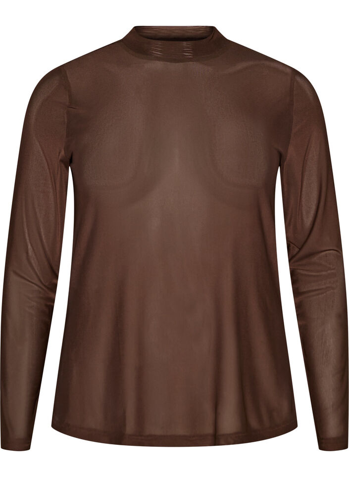 T&aelig;tsiddende meshbluse med lange &aelig;rmer, Brun, Packshot image number 0