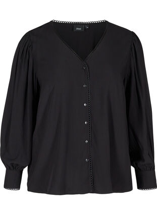 Viskose bluse med knapper og ballonærmer, Black, Packshot image number 0