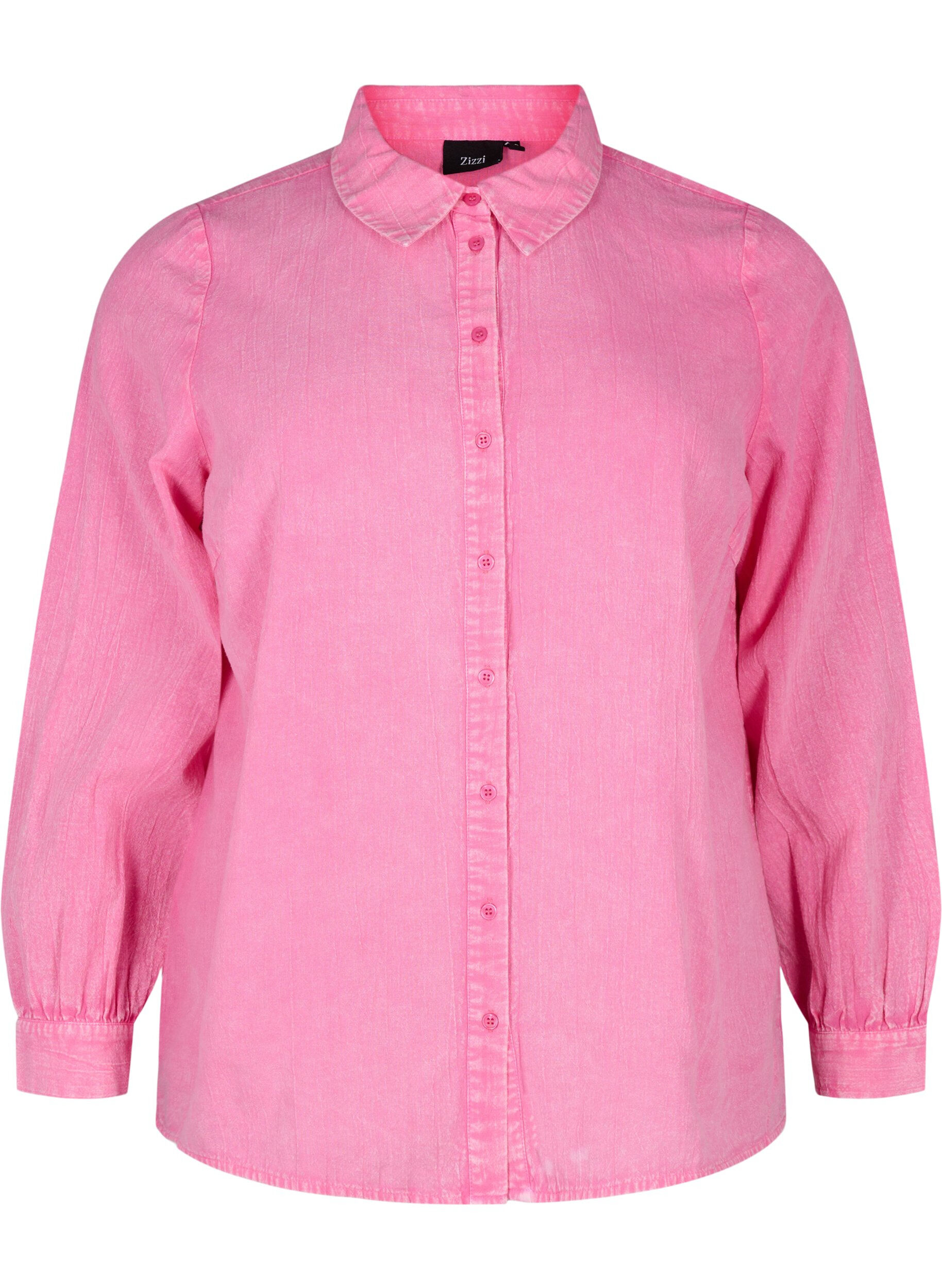 Zizzi Ensfarvet denimskjorte, Pink Power, Packshot image number 0